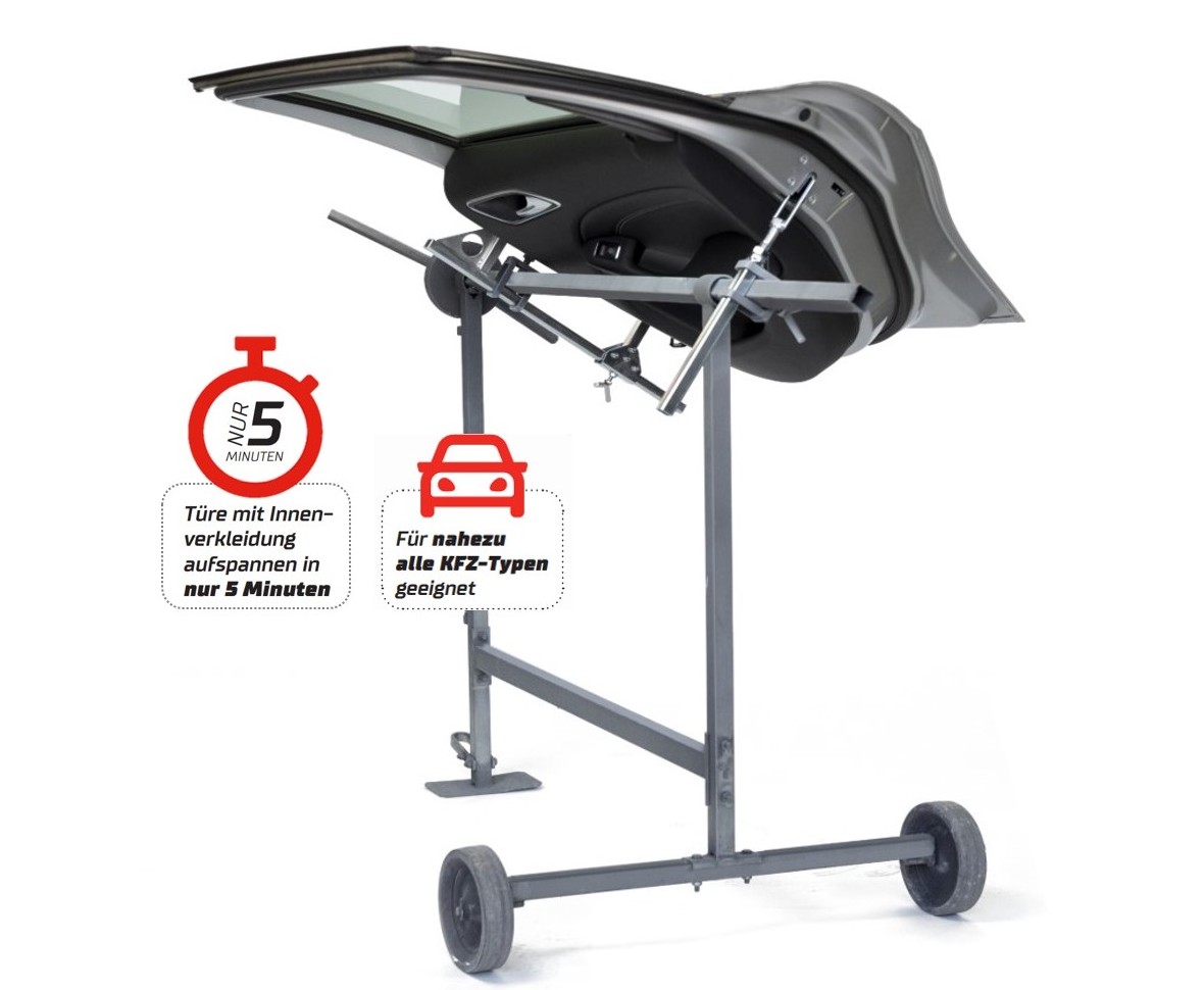 Profiadapter, Drehlackierständer, paint rack, Lackierer, Werkstatt, Fahrzeugtüre, KFZ-Türe, ohne Demontage der Türverkleidung, without disassembling the door panel, carrepair, autobodyshop  